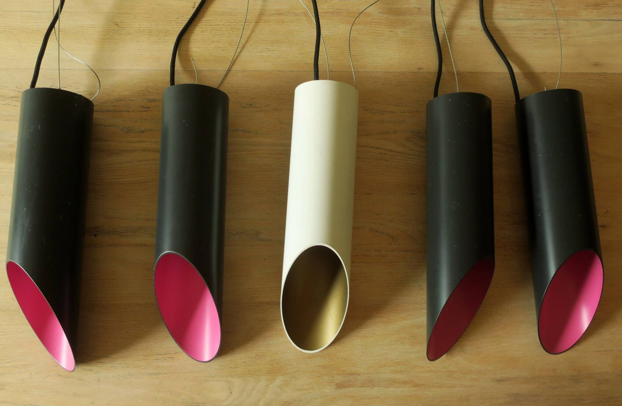 Set of 5 multicoloured Raak cylindrical pendant lights, 1970s
