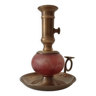 Bougeoir à main vintage laiton et verre coloré