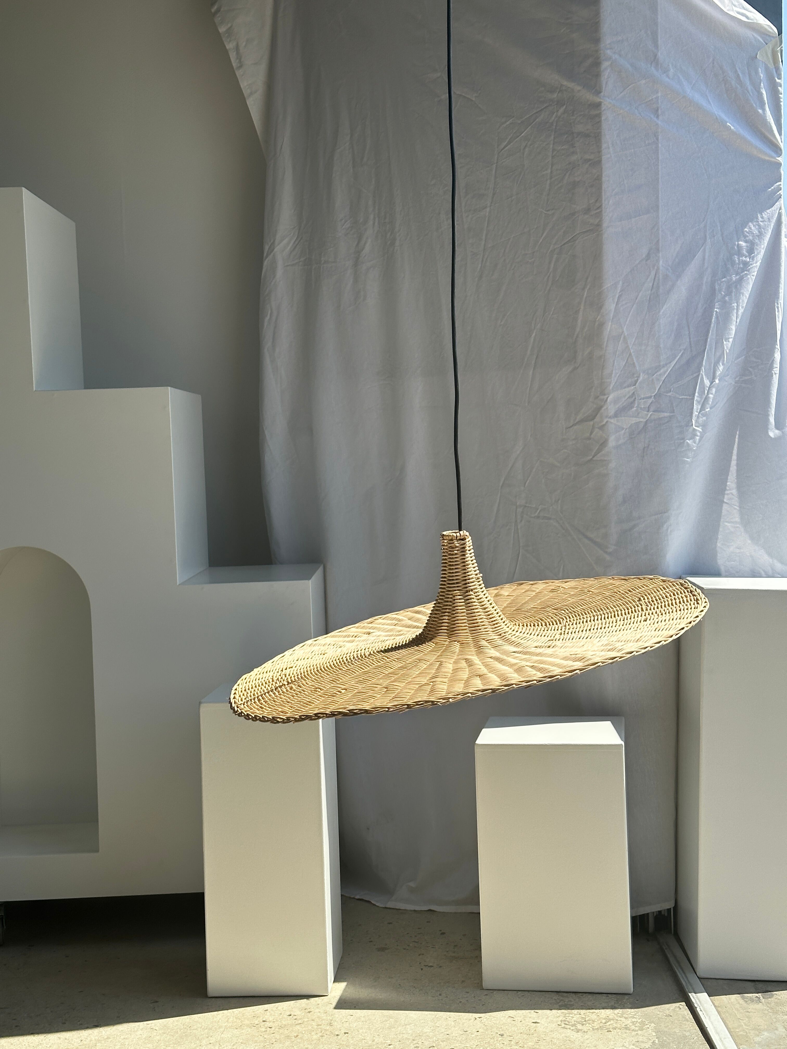 Large suspension, rattan luminaire in hat shape D:80cm
