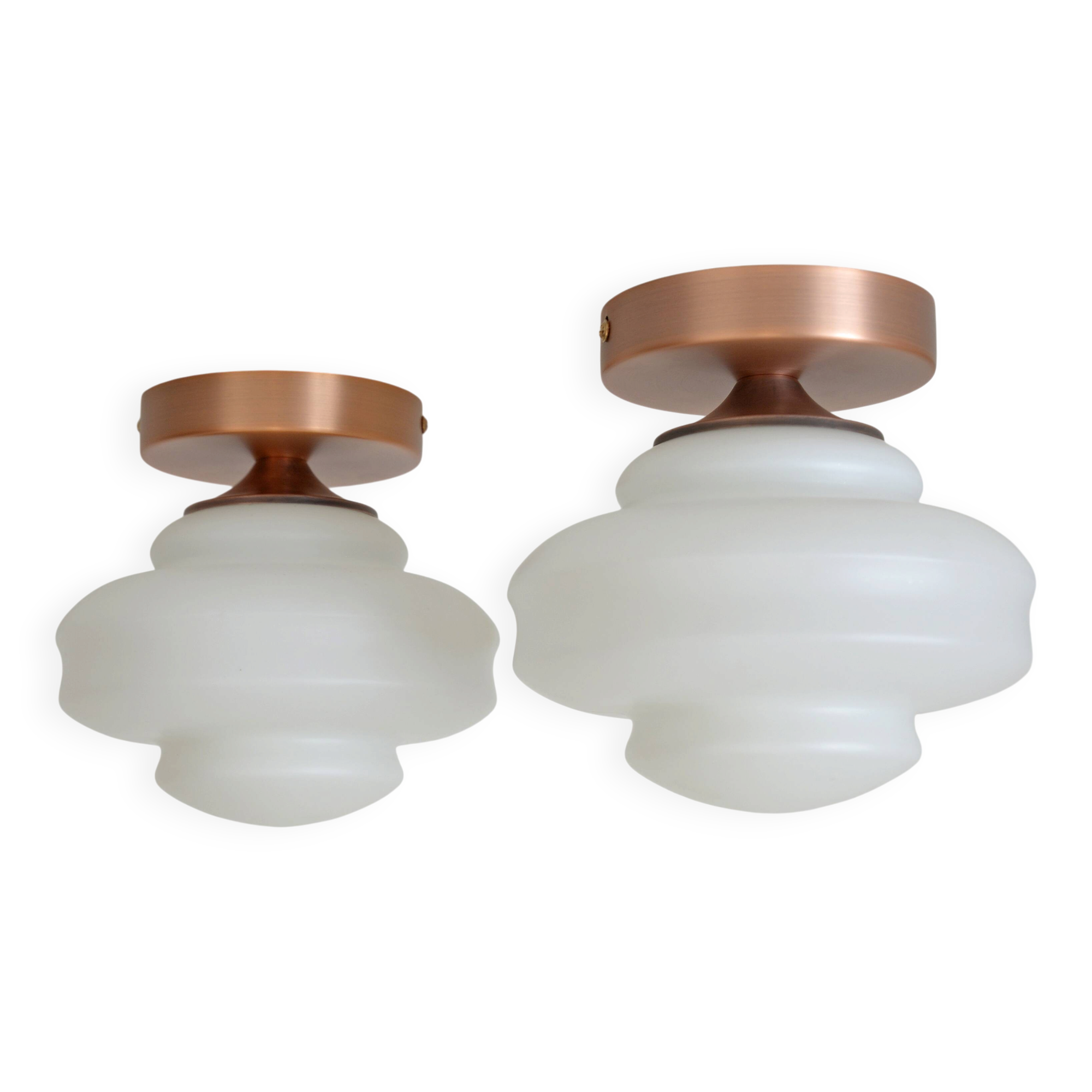 Set of 2 Vintage Milk Glass Sconces - Mid Century Modern Copper Flush Mount