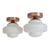 Set of 2 Vintage Milk Glass Sconces - Mid Century Modern Copper Flush Mount