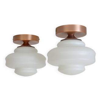 Set of 2 Vintage Milk Glass Sconces - Mid Century Modern Copper Flush Mount
