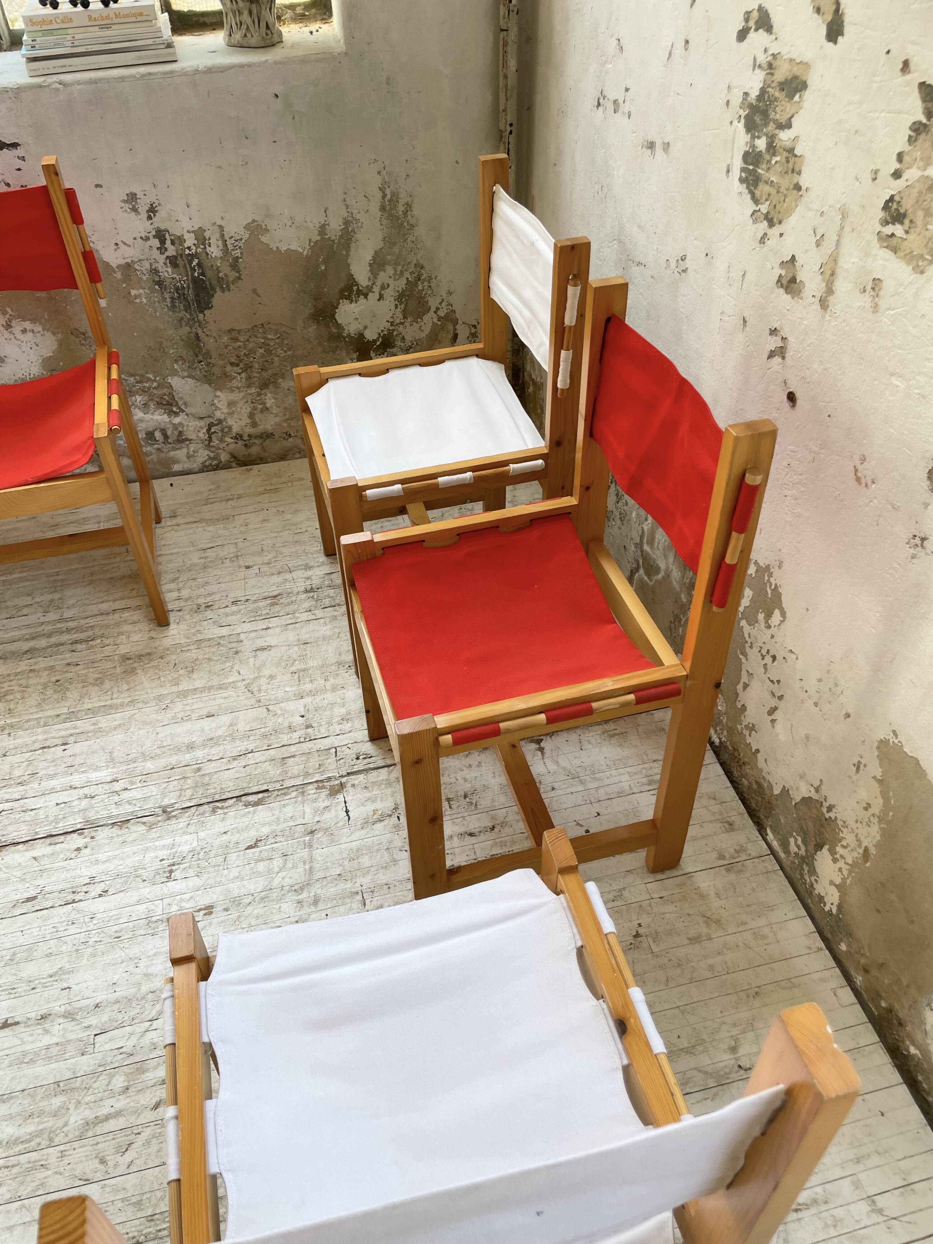 Set of 4 80s colored pine chairs