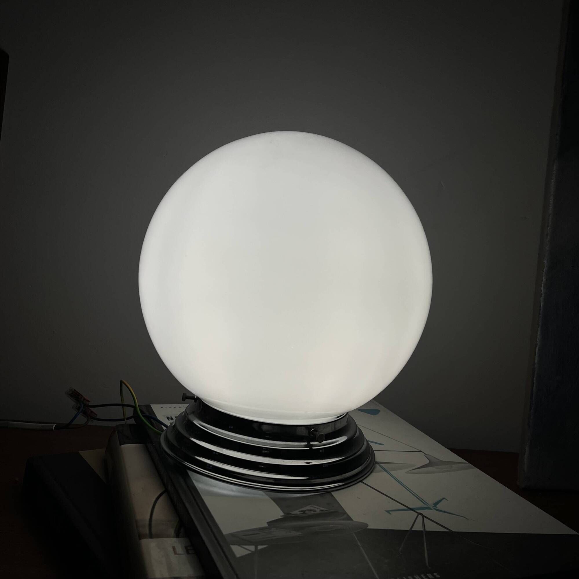 Ceiling light or wall light with a white opaline glass globe, 20 cm, stainless steel rose.