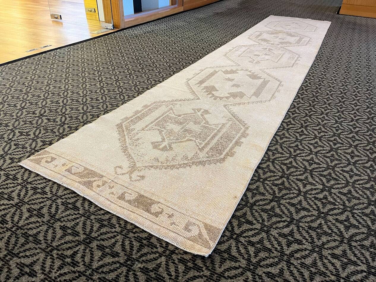 Vintage Handmade Muted Beige and Brown Long Hallway Runner