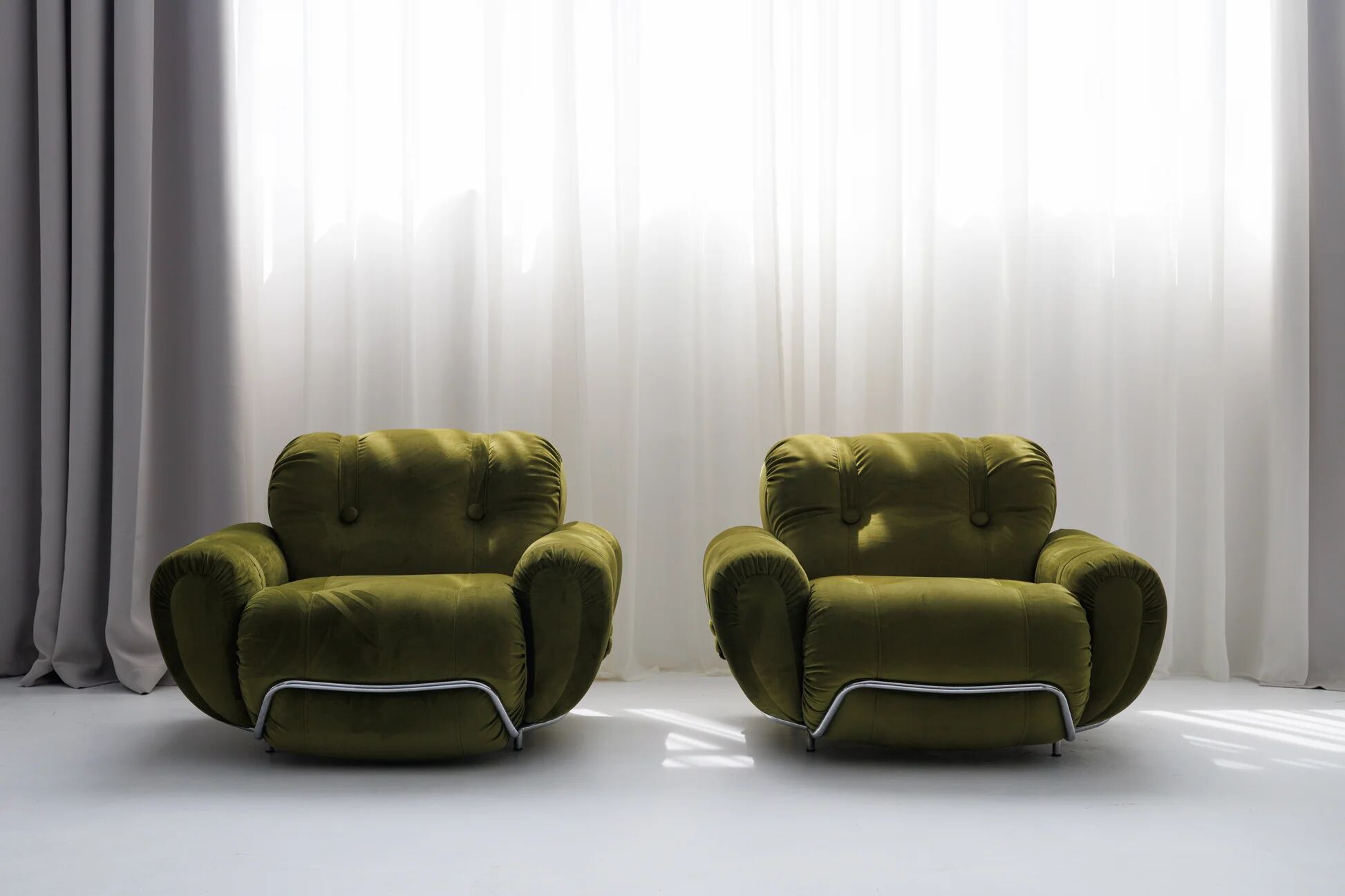 Three seater sofa and armchairs dining set by Adriano Piazzesi, reupholstered olive velvet