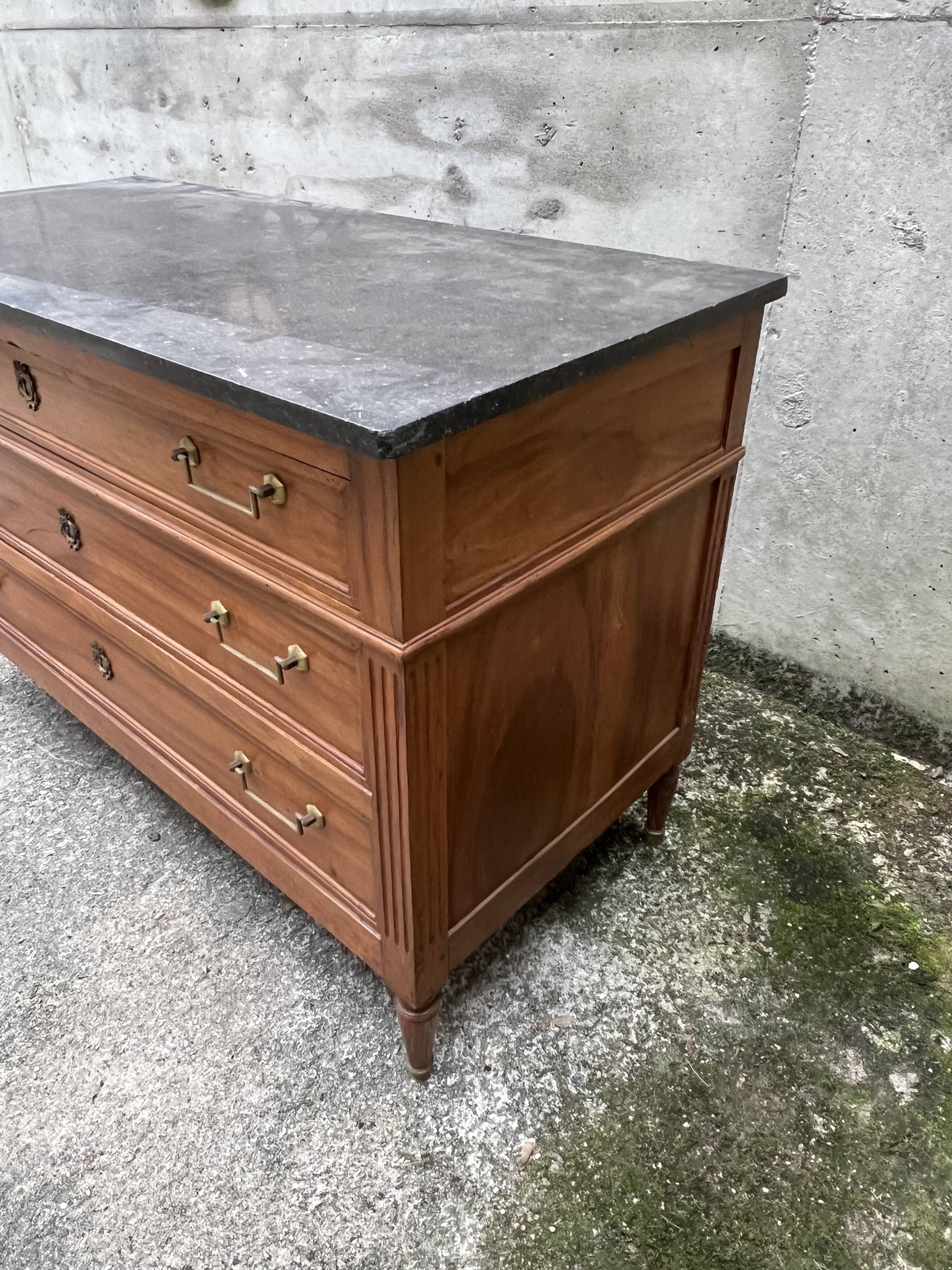 Louis XVI style chest of drawers in walnut, marble top