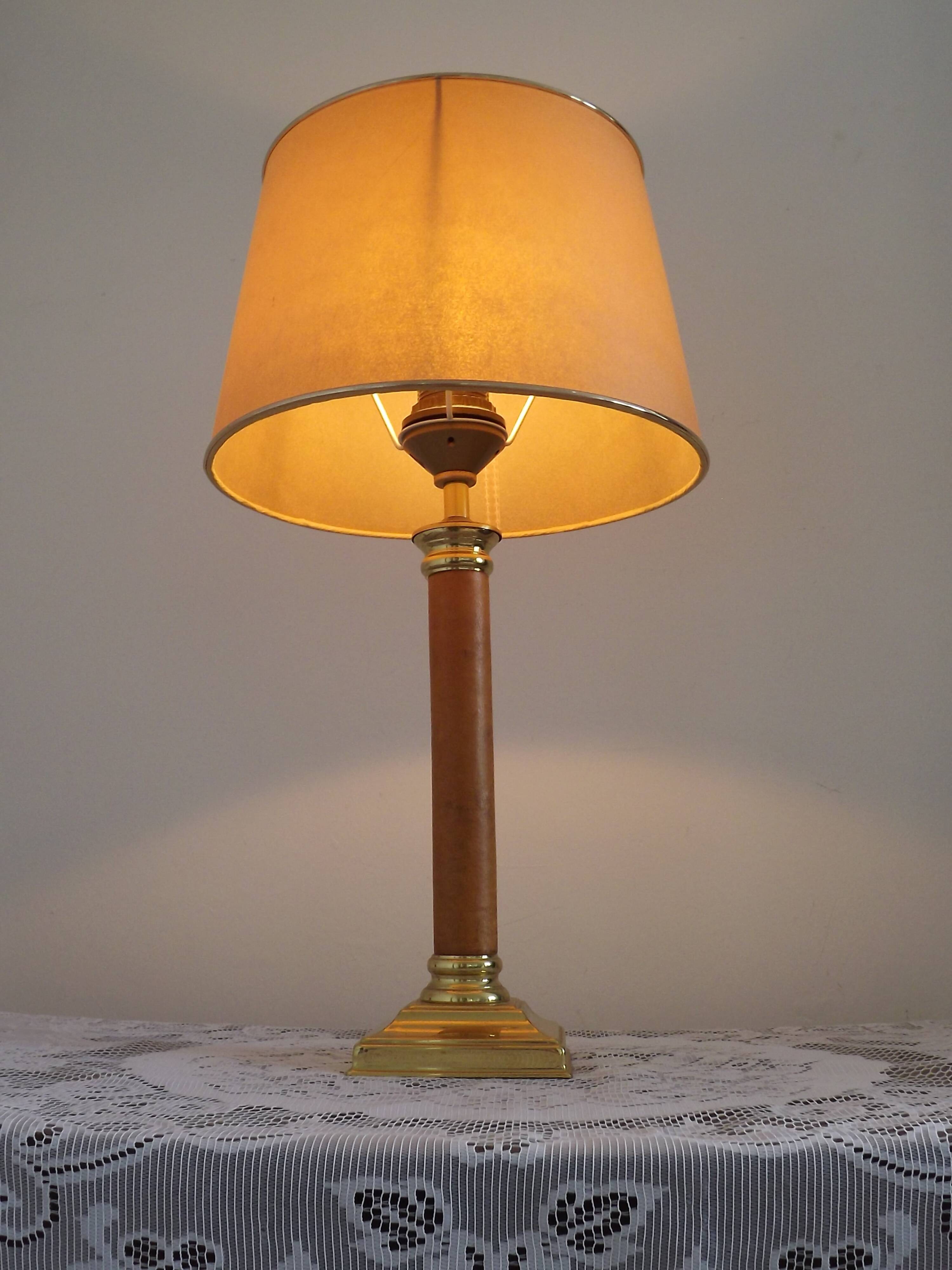 Tall French Mid Century Table Lamp Square Base With Beige and Gold Shade
