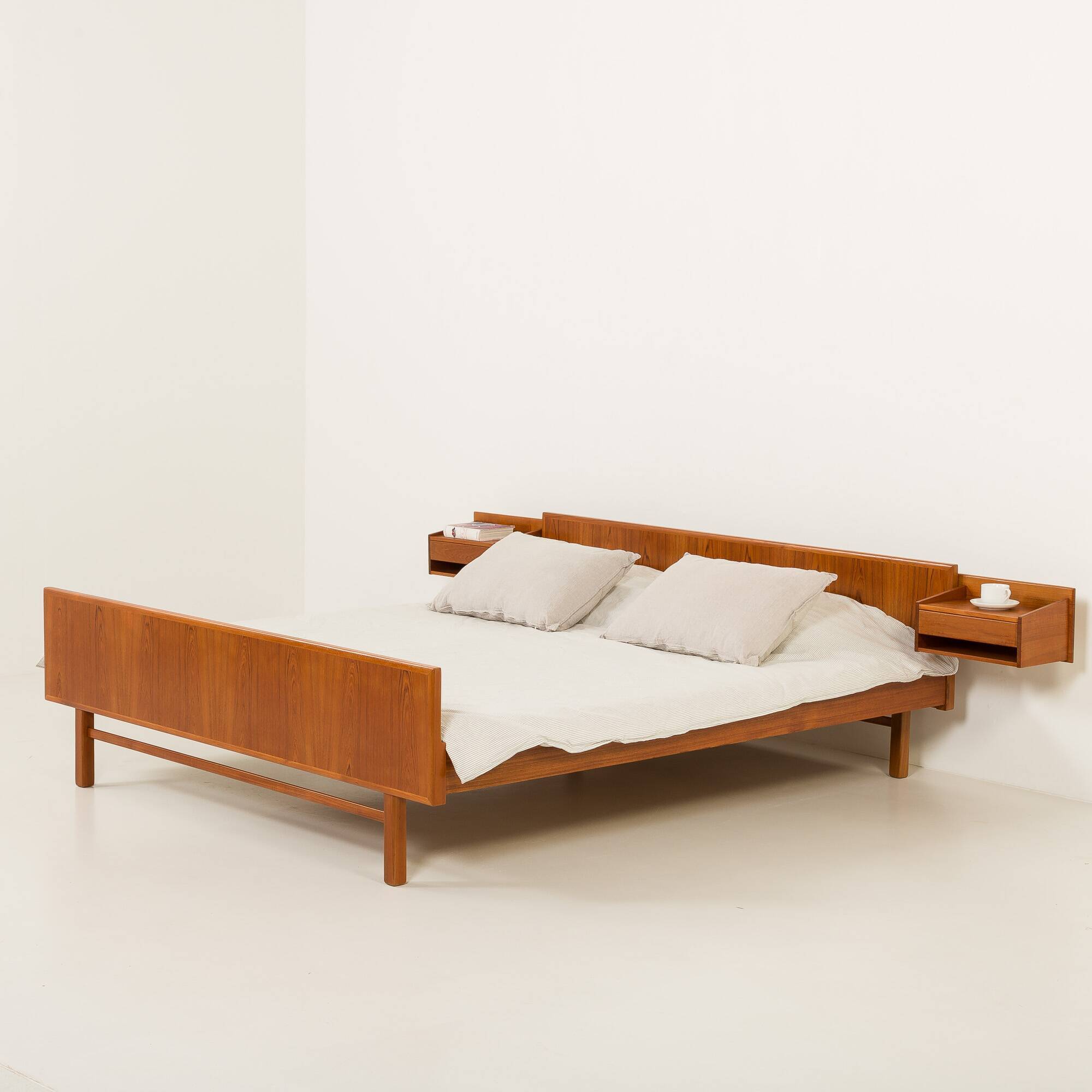Danish mid century teak queen size bed with nightstands, 1960s