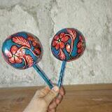 Pair of handmade Mexican maracas in painted gourd – 1960s/70s