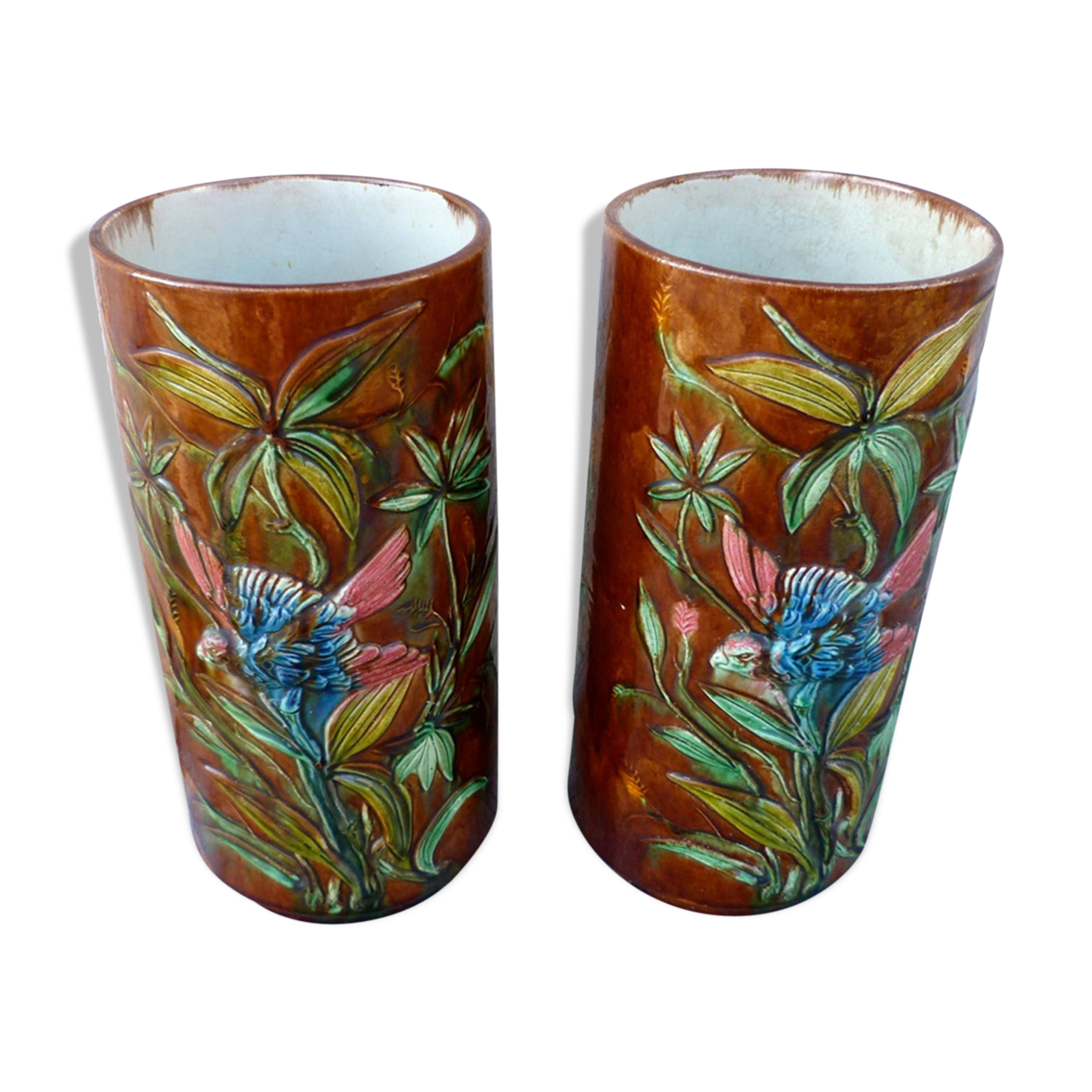 Pair of Palissy style vases school tours reliefs parrots