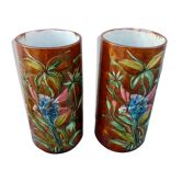 Paire de vases style Palissy école de Tours reliefs perroquets