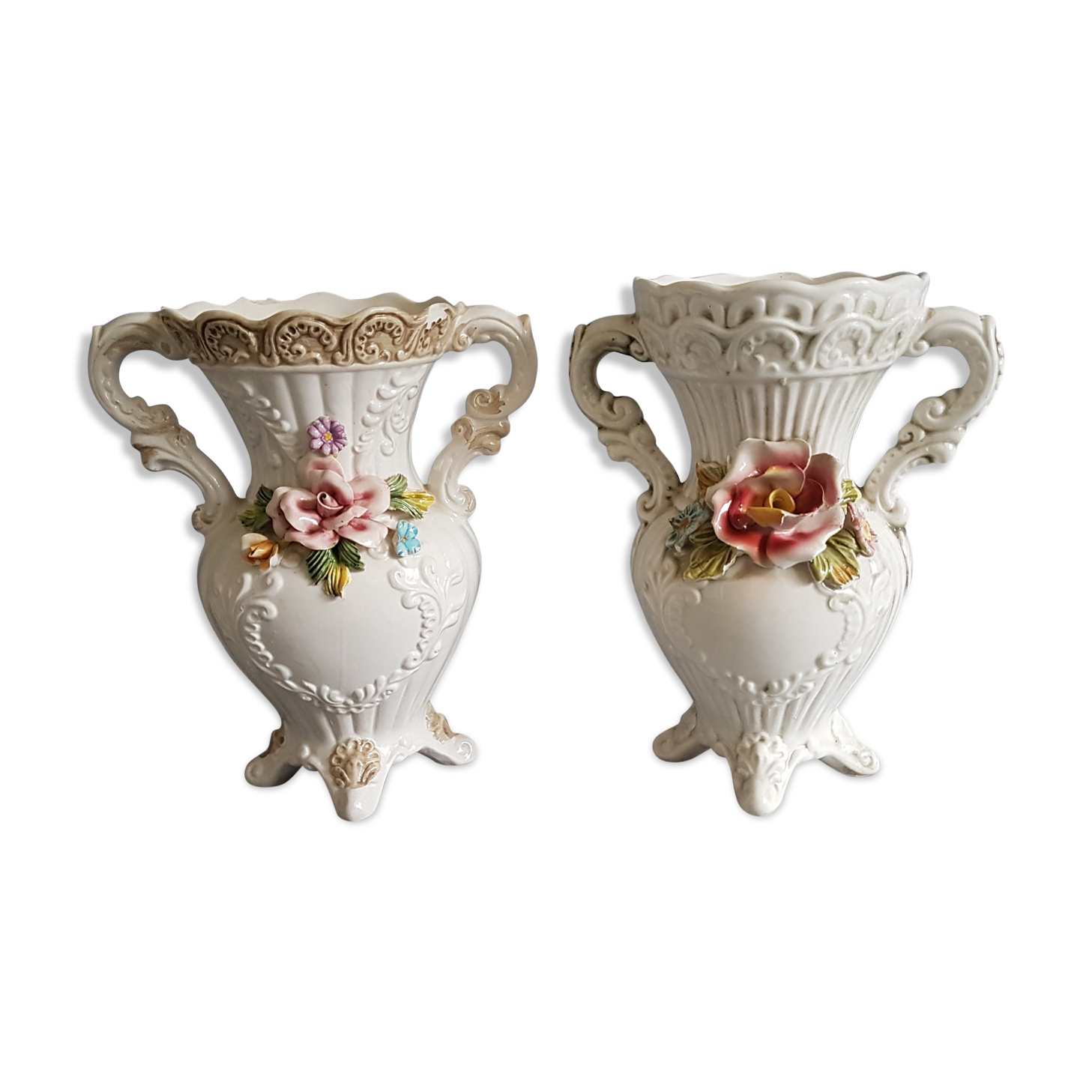 White dabbling vases with capodimonte porcelain floral decoration