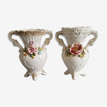 White dabbling vases with capodimonte porcelain floral decoration