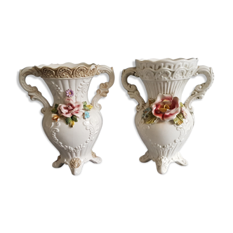 White dabbling vases with capodimonte porcelain floral decoration