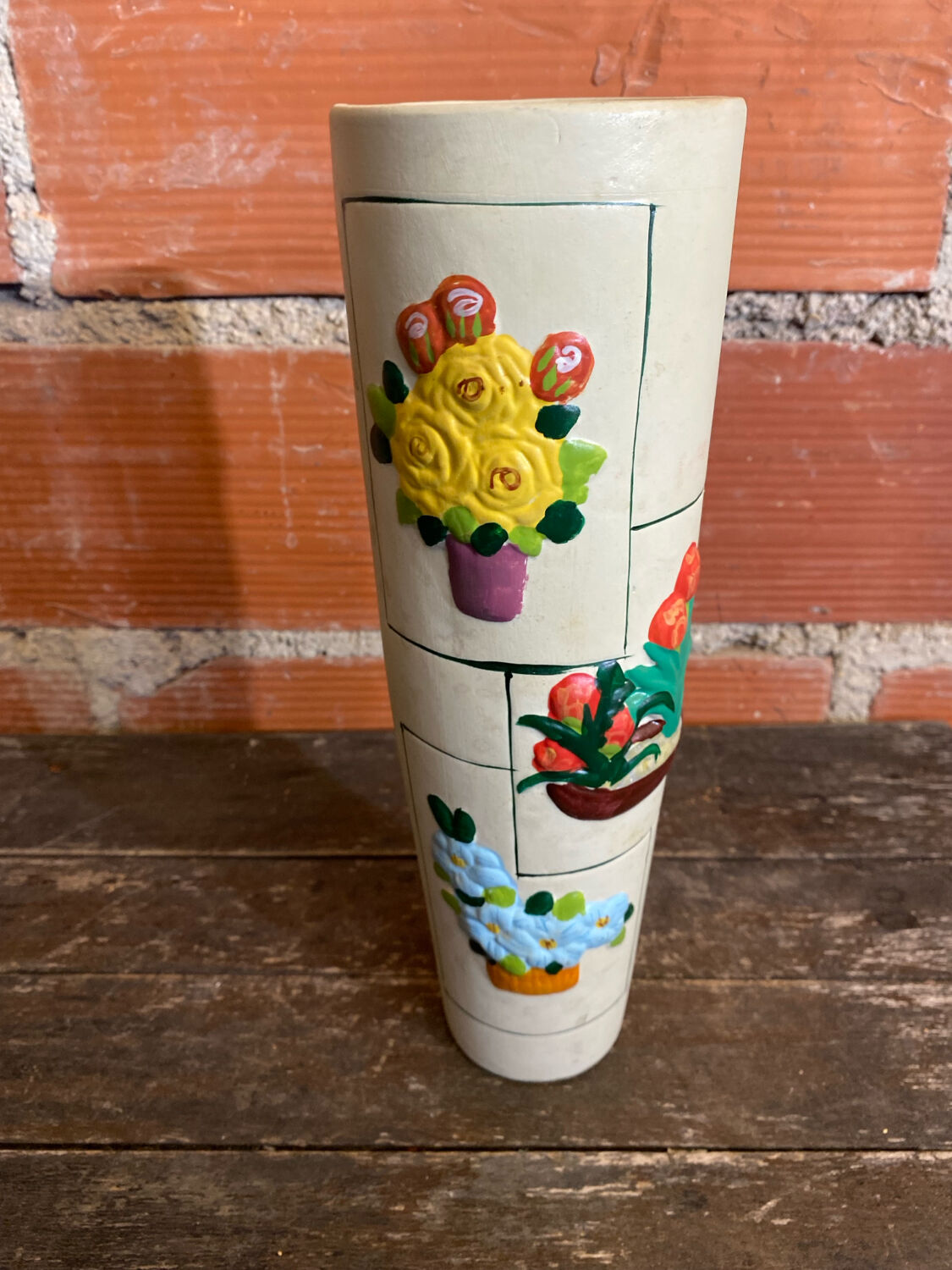 Old Rolled Vase Beige Ceramic Polychrome Flower Decor Vintage #D