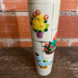 Old Rolled Vase Beige Ceramic Polychrome Flower Decor Vintage #D