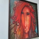 René cazassus "princesse rouge" tableau huile sur toile portrait de femme