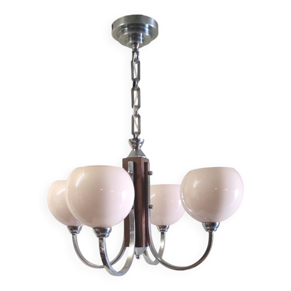 Lustre 4 feux Art-Déco en métal chromé et opaline - années 40/50