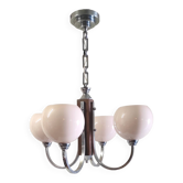 Lustre 4 feux Art-Déco en métal chromé et opaline - années 40/50