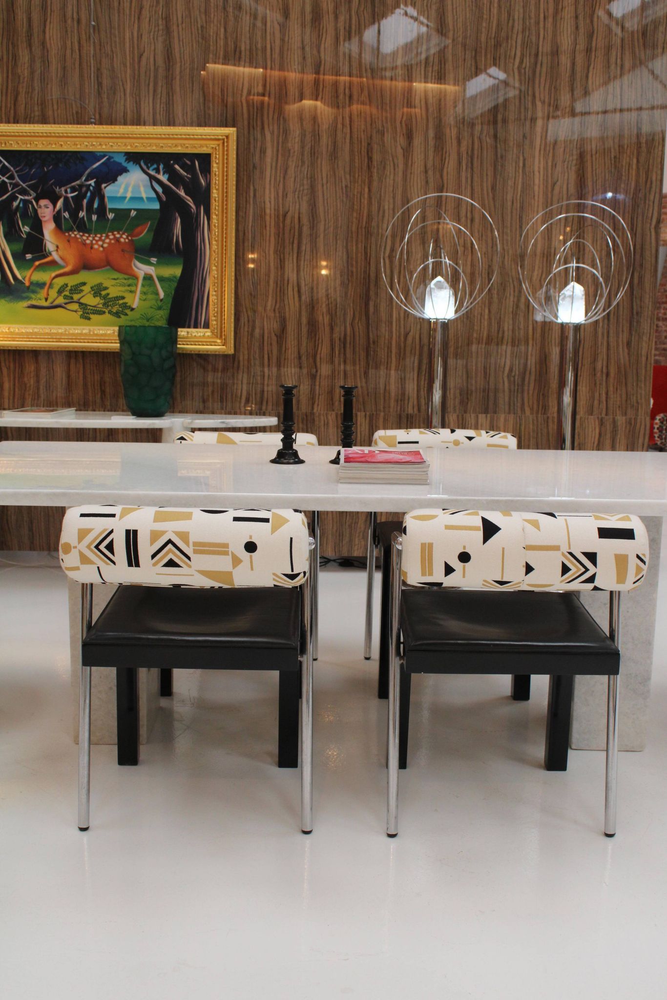Set of Four Italian Chairs Edited by Saporiti. Jacquard Back and Leather Seat