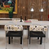 Set of Four Italian Chairs Edited by Saporiti. Jacquard Back and Leather Seat