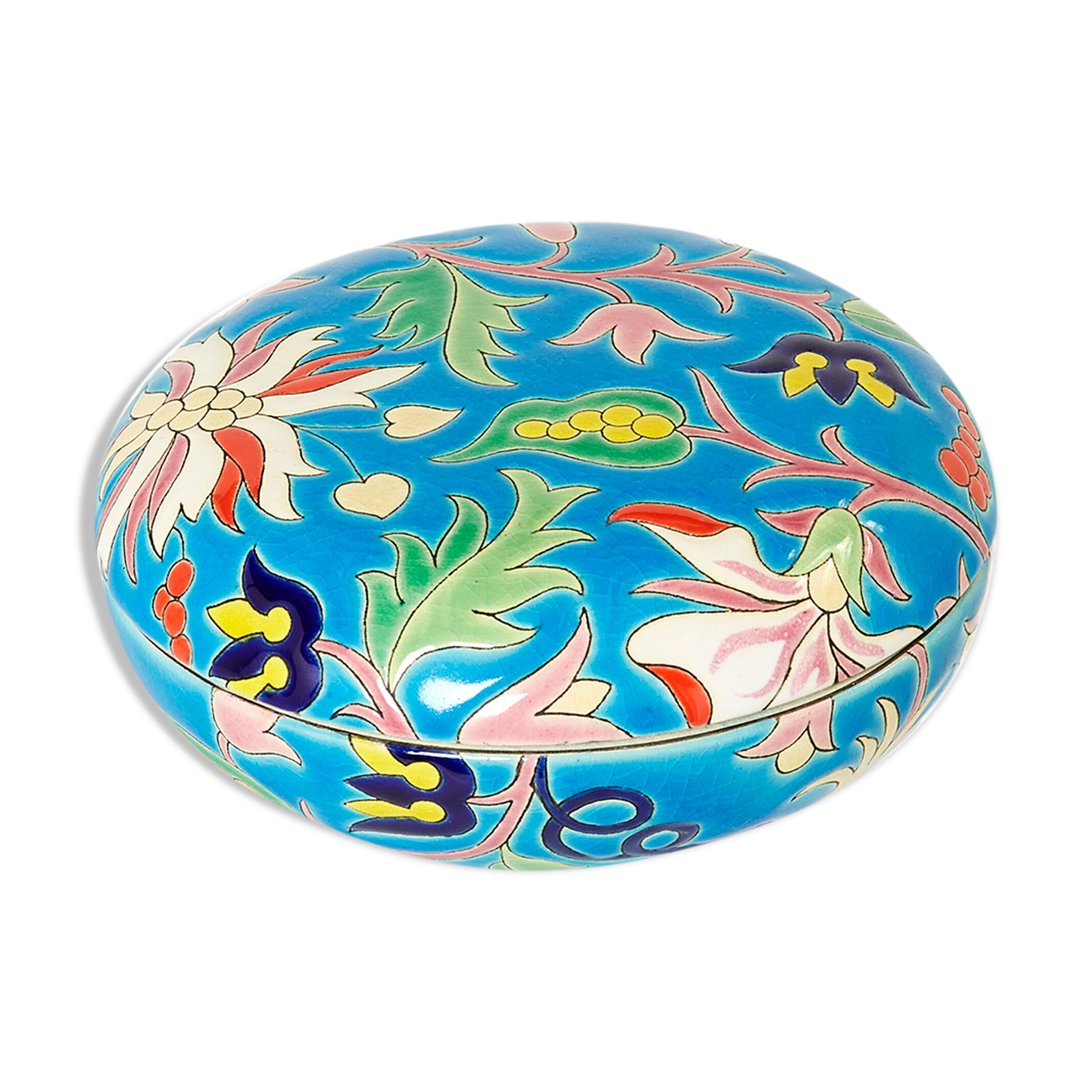 Large round box turquoise blue Art Deco Emaux de Longwy 1950