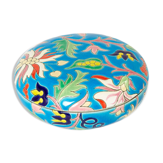 Large round box turquoise blue Art Deco Emaux de Longwy 1950