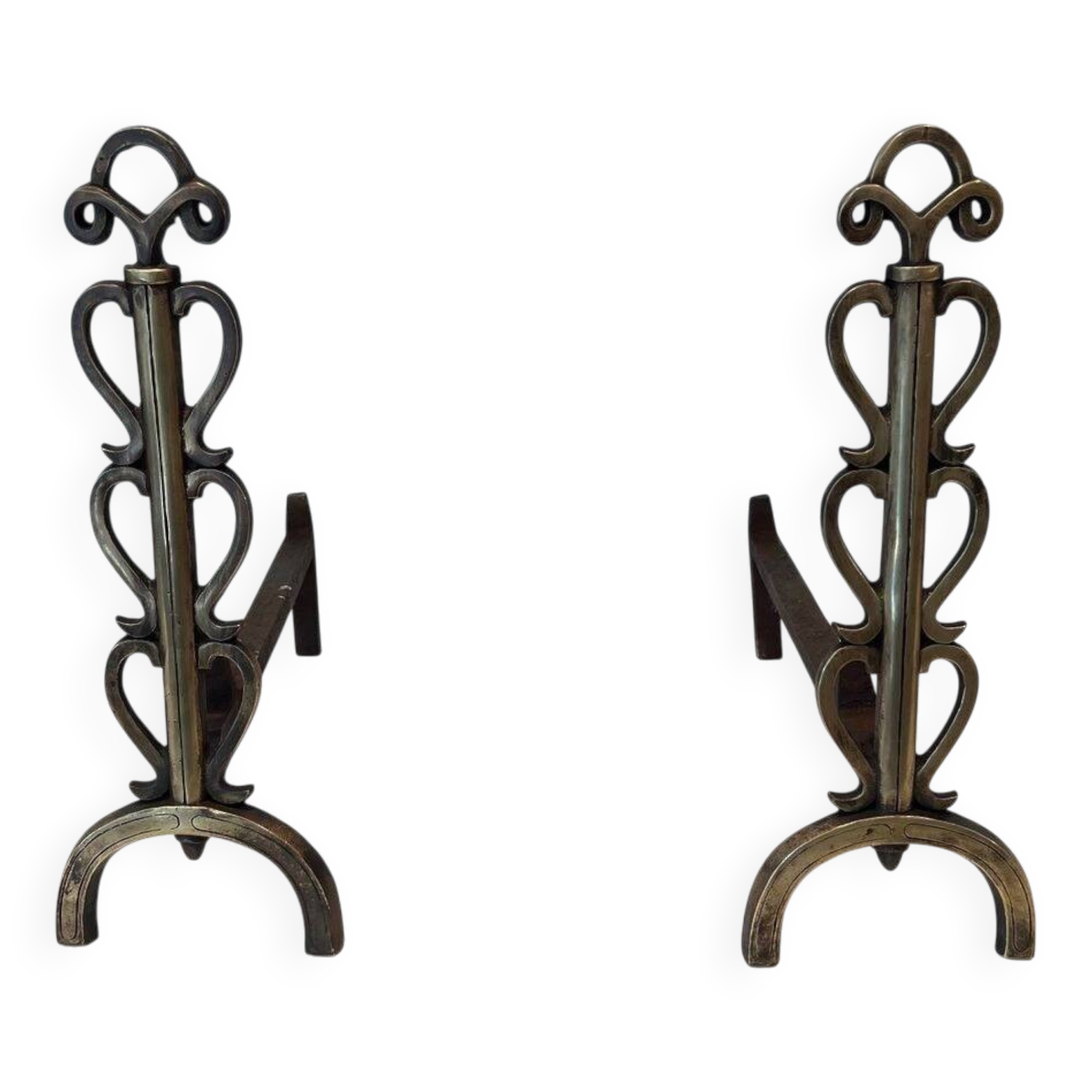 Paire de Chenets en Laiton et Fer Forgé à Colonnes de Volutes et Bases Arqu