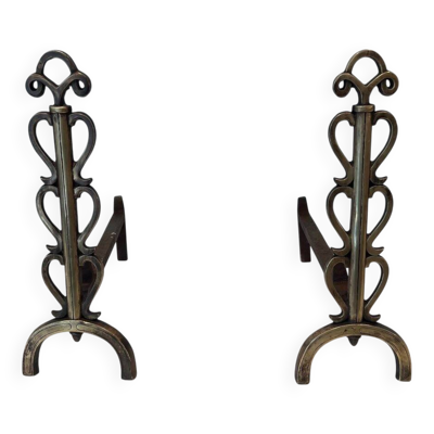 Paire de Chenets en Laiton et Fer Forgé à Colonnes de Volutes et Bases Arqu