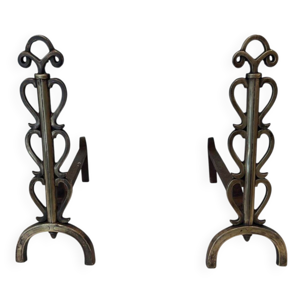 Paire de Chenets en Laiton et Fer Forgé à Colonnes de Volutes et Bases Arqu