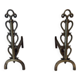 Pair of Brass and Wrought Iron Chenets with Scroll Columns and Arched Bases