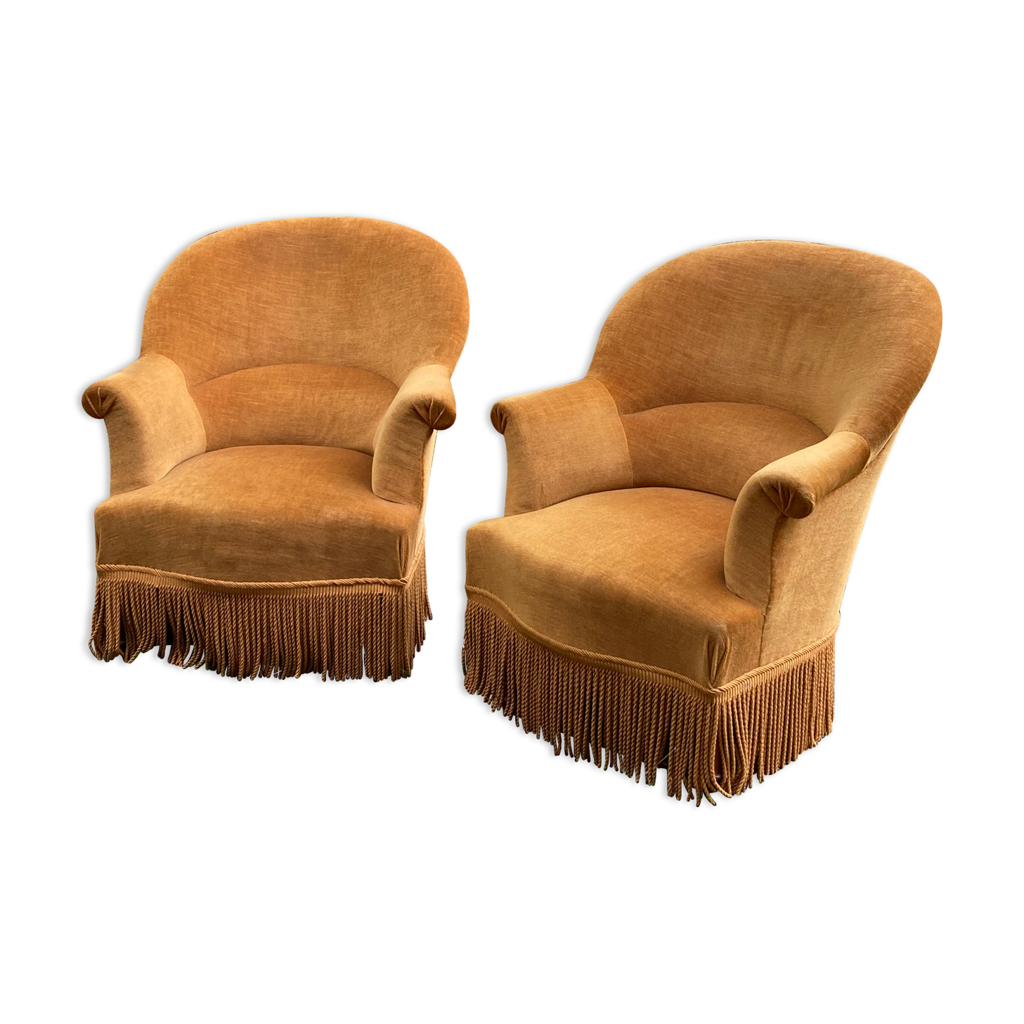 Paire de fauteuils crapaud jaune beige velours frange