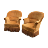 Pair of toad armchairs yellow beige velvet fringe