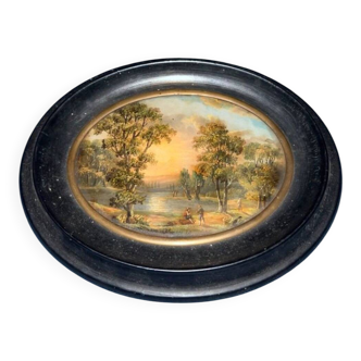 Miniature sur bois, paysage, romantique