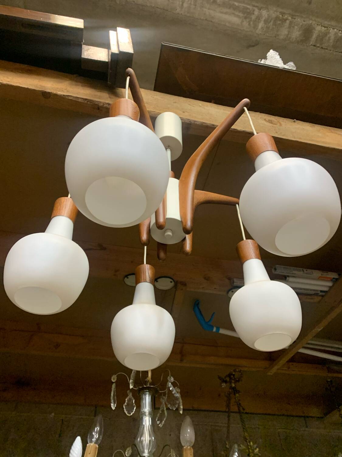 Teak and opaline Rispal chandelier, circa 1960.