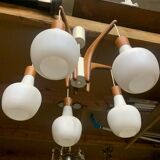 Teak and opaline Rispal chandelier, circa 1960.