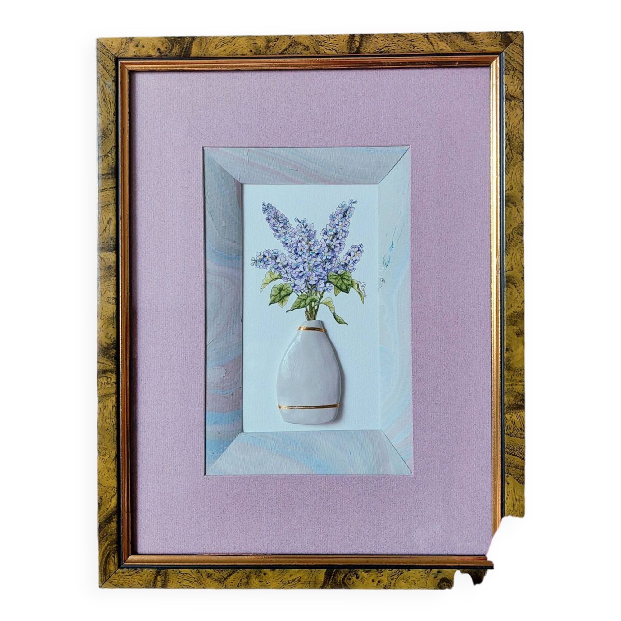 Composition of a watercolor bouquet of lilacs in a handmade clay pot