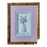 Composition of a watercolor bouquet of lilacs in a handmade clay pot