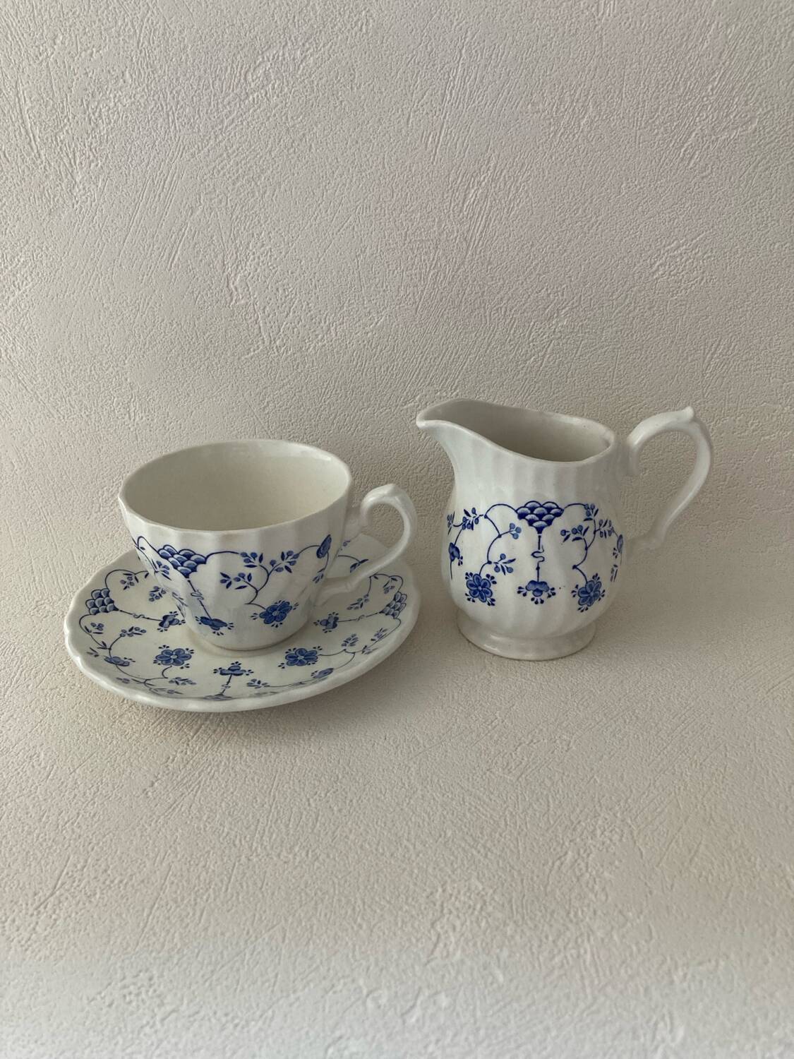 Myott Meakin England Blue Cup Saucer and Milk Jug