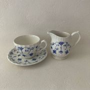 Myott Meakin England Blue Cup Saucer and Milk Jug