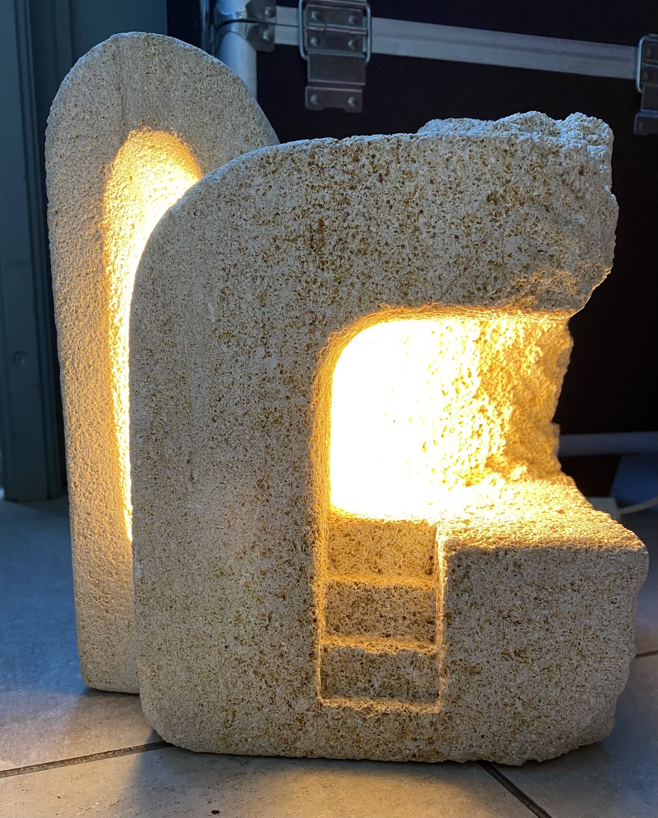 Brutalist limestone lamp signed AC Masson 1970