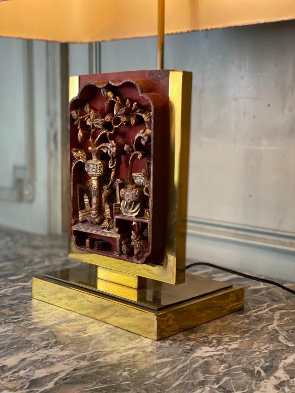 Laiton table lamp, laqué wood plate and golden china circa 1980