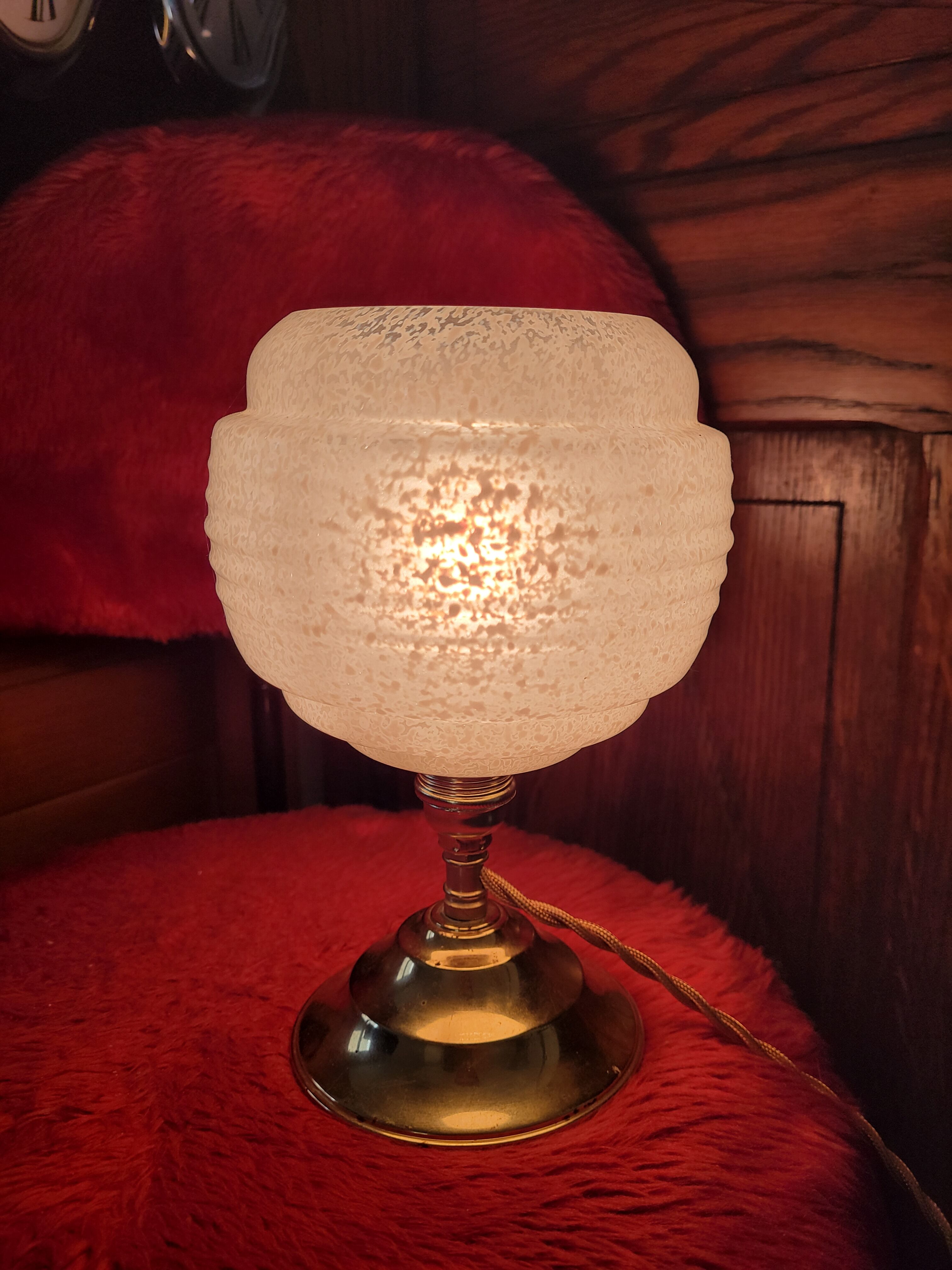 Clichy glass and brass globe lamps