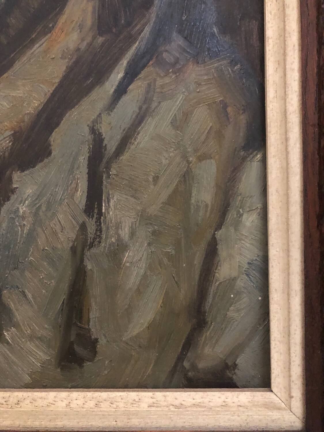 Oil on panel portrait of elderly man with pipe signed