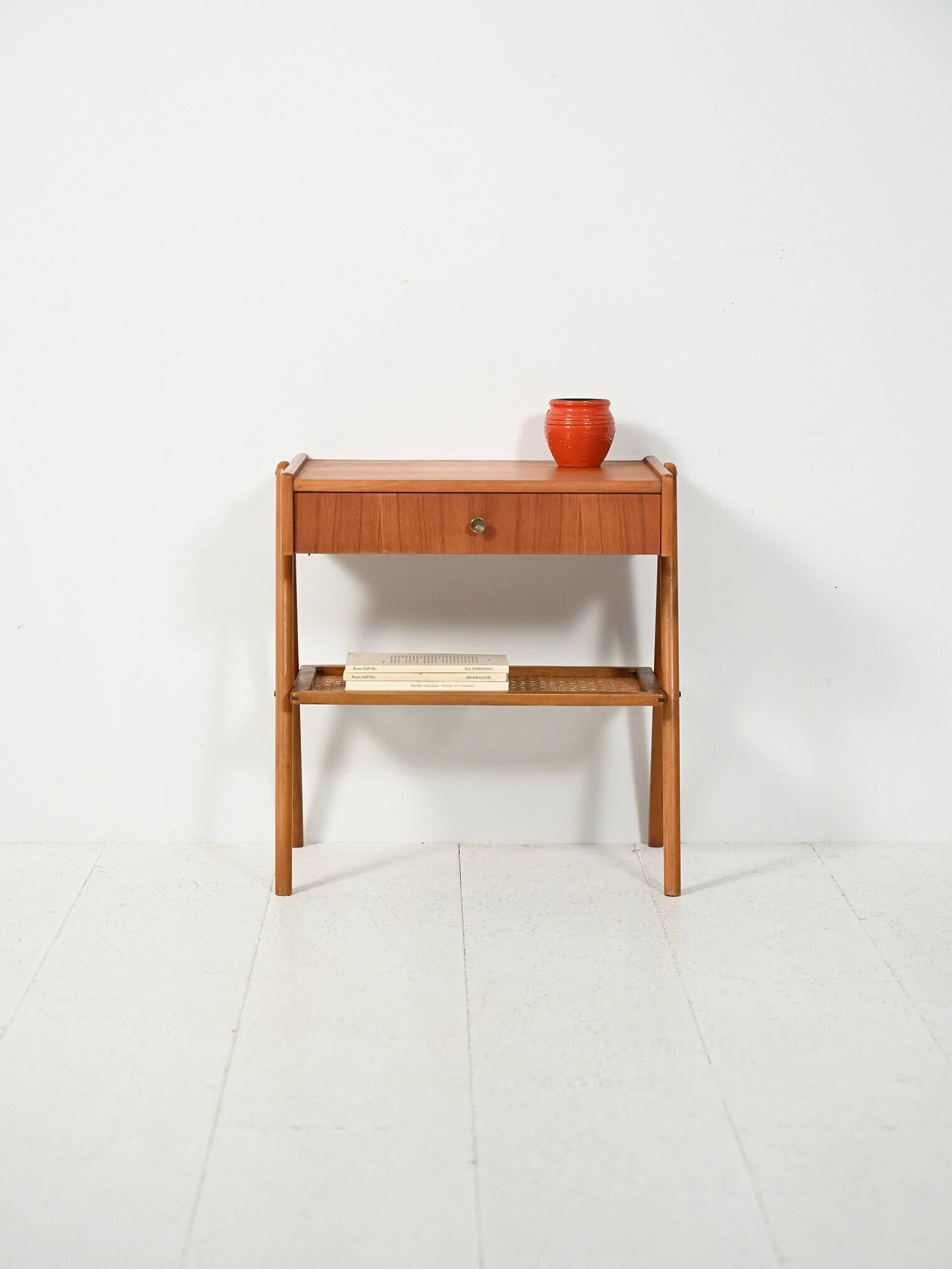 Scandinavian vintage bedside table in teak with Vienna cane