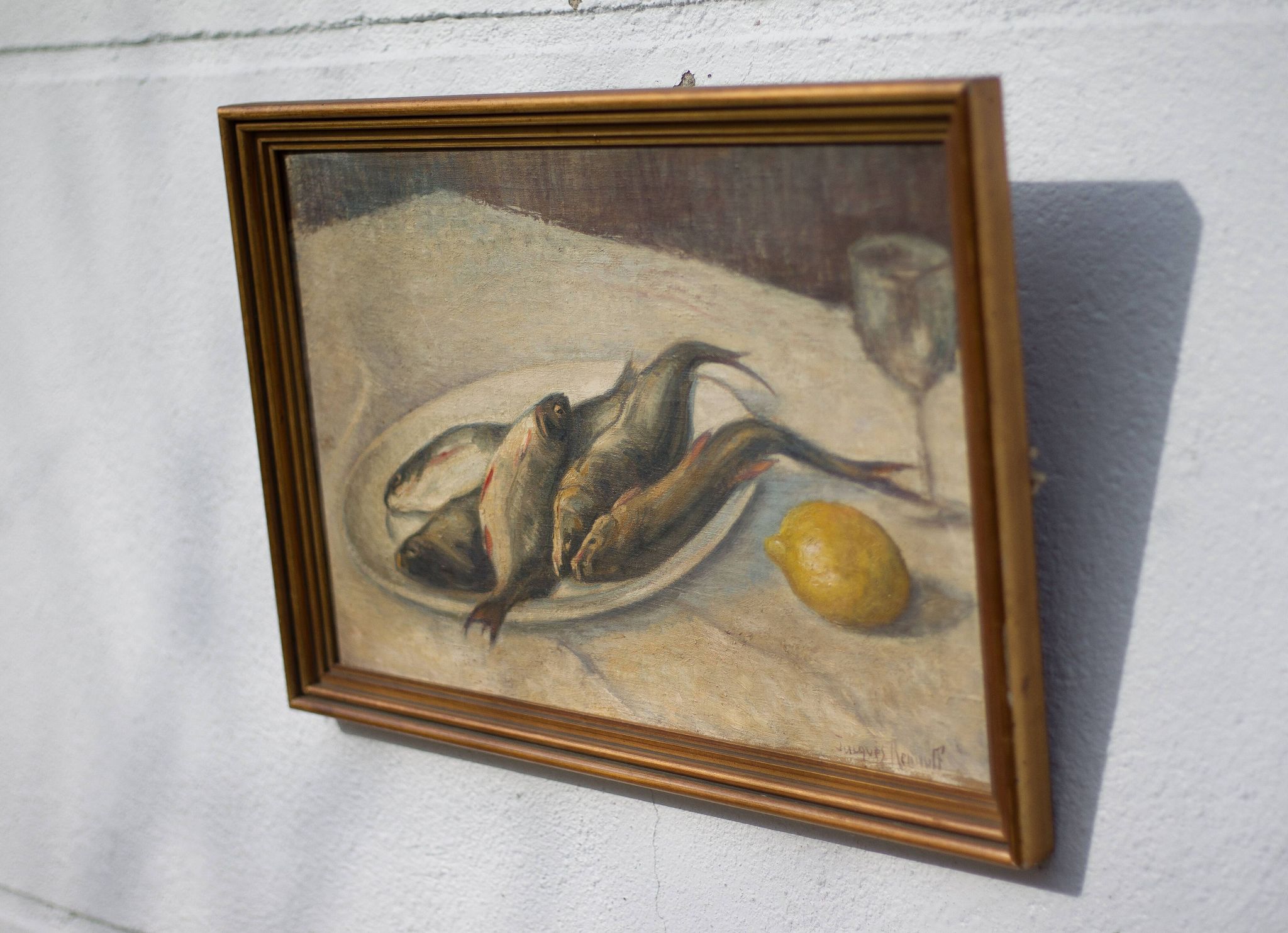 Vintage painting, still life fish painting, signed painting, wall decoration, home decor