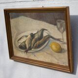 Tableau vintage, tableau nature morte poisson, peinture signée , décoration murale,home decor