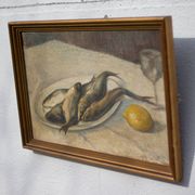Vintage painting, still life fish painting, signed painting, wall decoration, home decor