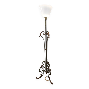 Antique wrought iron and opaline Art Deco floor lamp 1.8m